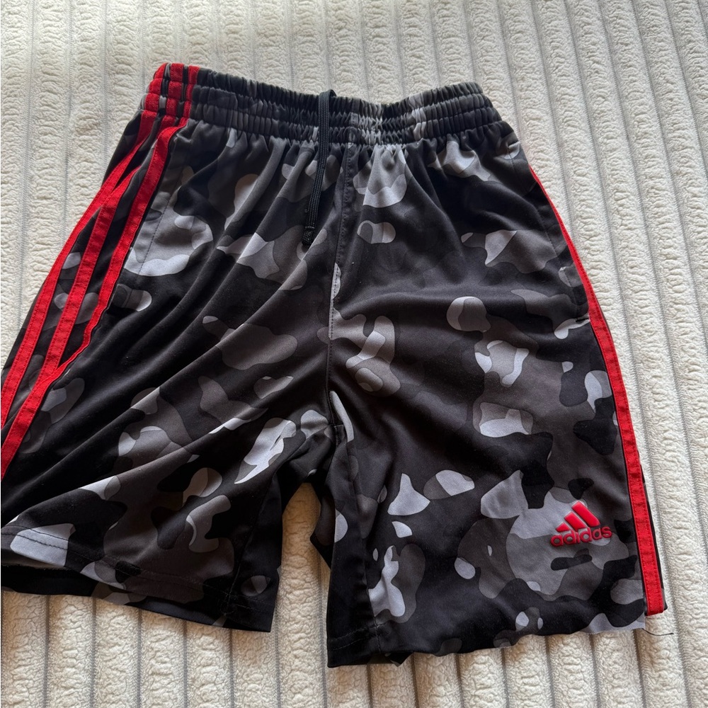Adidas Men's Black Camo Shorts with Red Stripes